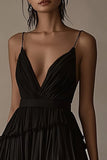 A Line V Neck Black Tie Dress with Ruffles