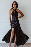 Satin Halter Black Tie Dress with Slit