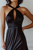 Satin Halter Black Tie Dress with Slit