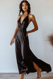 Satin A Line Halter Black Tie Dress with Slit