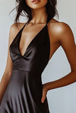 Satin A Line Halter Black Tie Dress with Slit