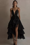 A Line V Neck Ruffled Black Tie Dress
