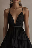 A Line V Neck Ruffled Black Tie Dress