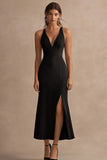 Black Satin V-Neck Sheath Long Formal Dress with Slit