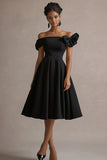 Black Satin Midi Graduation Dress with Bow