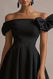 Black Satin Midi Graduation Dress with Bow