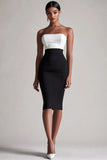 Black and White Satin Strapless Bodycon Midi Cocktail Dress