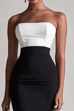 Black and White Satin Strapless Bodycon Midi Cocktail Dress