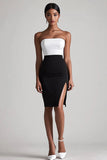 Black and White Satin Bodycon Midi Graduation Dress with Slit