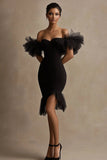 Black Satin Off the Shoulder Ruffled Graduation Dress