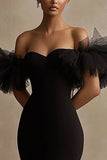 Black Satin Off the Shoulder Ruffled Graduation Dress