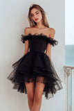 Black Organza Off the Shoulder A Line Ruffled Short Graduation Dress