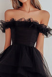 Black Organza Off the Shoulder A Line Ruffled Short Graduation Dress