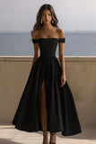 Black Satin Off the Shoulder A Line Long Formal Dress with Slit