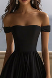 Black Satin Off the Shoulder A Line Long Formal Dress with Slit