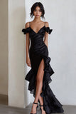 Black Cold Shoulder Ruffled Formal Dress with Slit