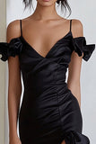 Black Cold Shoulder Ruffled Formal Dress with Slit