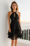 Black Chiffon Halter A Line Graduation Dress with Keyhole