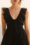 Black Chiffon A Line Ruffled Short Graduation Dress