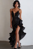 Black Spaghetti Straps Ruffled Cocktail Dress