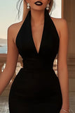 Black Halter Bodycon Satin Short Graduation Dress