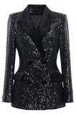 Sparkly Black Sequin Peak Lapel Double Breasted Women Prom Blazer