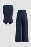 Navy 2 Piece Satin Sleeveless Women Prom Suits