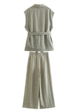 Grey Green 2 Piece Notched Lpael Sleeveless Women Prom Suits