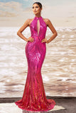 Sparkly Fuchsia Mermaid Cut Out Wedding Guest Dress