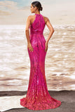 Sparkly Fuchsia Mermaid Cut Out Wedding Guest Dress