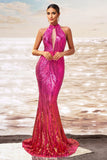 Sparkly Fuchsia Mermaid Cut Out Wedding Guest Dress