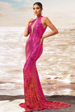 Sparkly Fuchsia Mermaid Cut Out Wedding Guest Dress