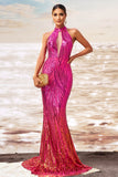 Sparkly Fuchsia Mermaid Cut Out Wedding Guest Dress