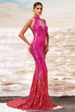 Sparkly Fuchsia Mermaid Cut Out Wedding Guest Dress