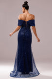 Sparkly Off The Shoulder Navy Mermaid Prom Dress