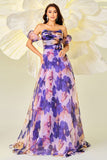 Purple Floral A Line Prom Dress with Detachable Sleeves
