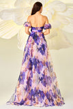 Purple Floral A Line Prom Dress with Detachable Sleeves