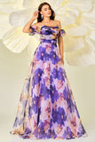 Purple Floral A Line Prom Dress with Detachable Sleeves