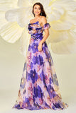 Purple Floral A Line Prom Dress with Detachable Sleeves