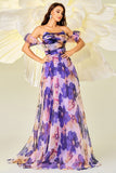 Purple Floral A Line Prom Dress with Detachable Sleeves