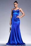 Royal Blue Mermaid Satin Prom Dress with Streamer