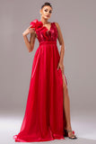 Red V-Neck A-Line Prom Dress with 3D Flower