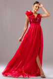 Red V-Neck A-Line Prom Dress with 3D Flower