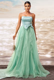 Strapless A Line Green Tulle Prom Dress with Bow