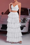Sparkly White A Line Tiered 2-piece Party Dress