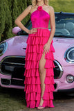 Halter Fuchsia A Line Tiered Party Dress