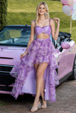 Purple Floral A Line Tiered Cut Out High-Low Prom Dress