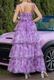 Purple Floral A Line Tiered Cut Out High-Low Prom Dress