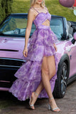 Purple Floral A Line Tiered Cut Out High-Low Prom Dress