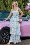 Blue Floral A Line Tiered Party Dress